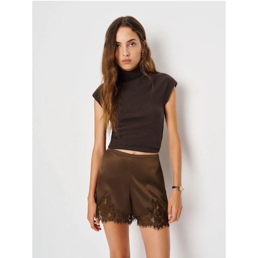 Reformation Fern Satin Short Pinecone Brown Lace Trim High Rise Size S NWT - Picture 2 of 15